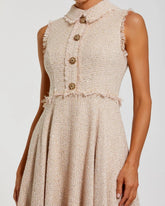 Pink Boucle Sleeveless Collared Button Up Midi Dress